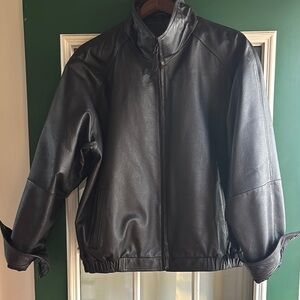 Vintage Men's or women’s Black Leather Zip-Front Jacket mock neck